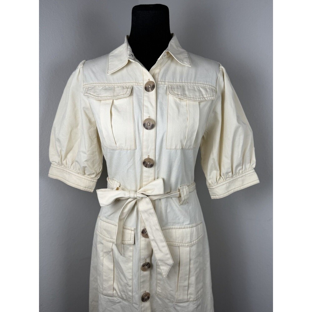 MINKPINK Cream Utility Shirt Dress Puff Sleeve Button Front Belted Dress Medium - Picture 2 of 16